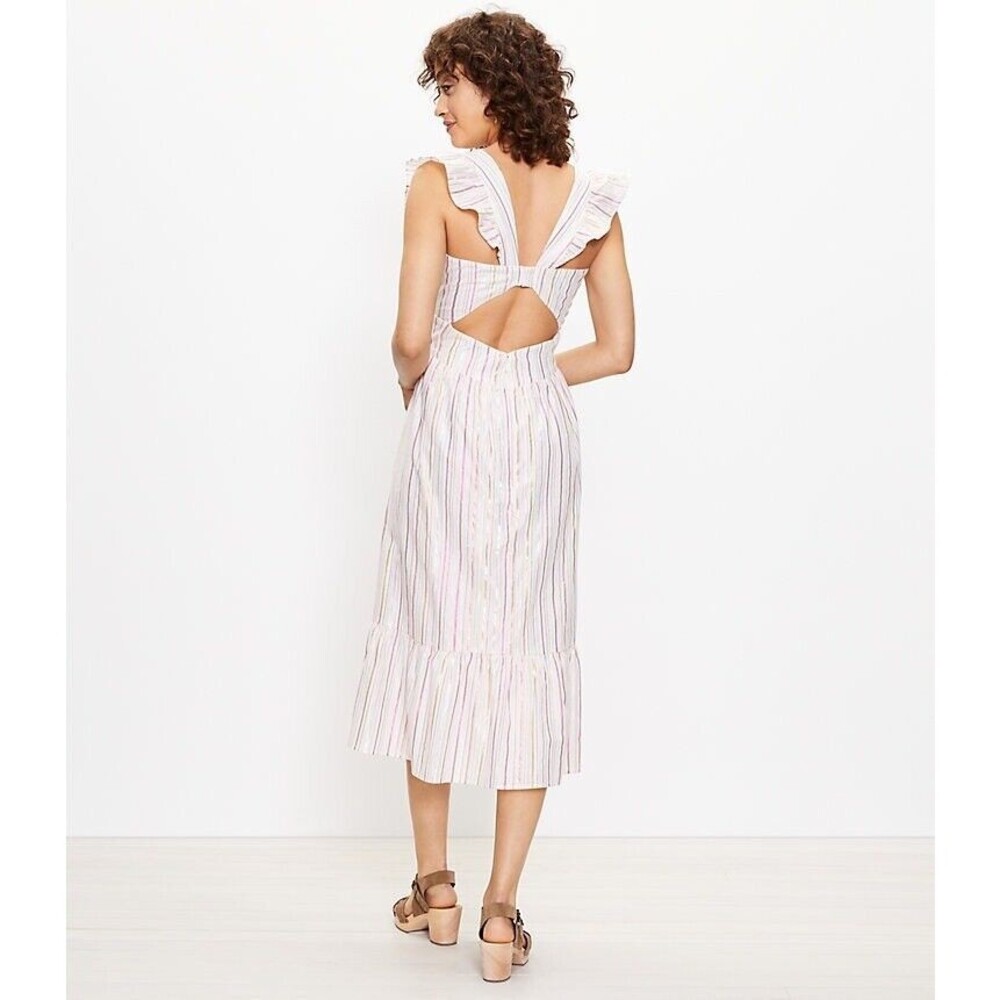 NWT LOFT 100% Cotton Striped Metallic Ruffle Midi Dress